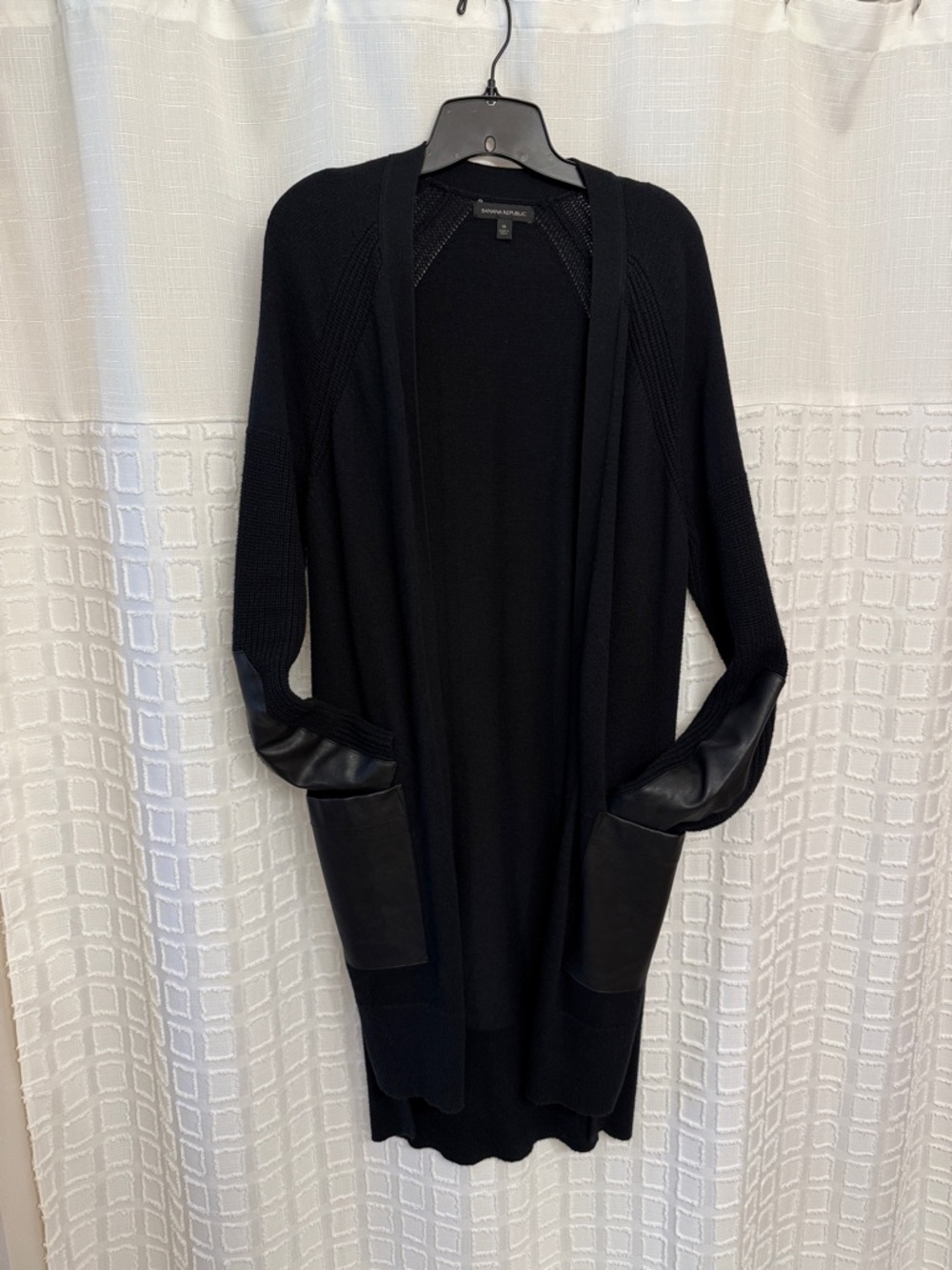 Banana Republic Black Open Long Cardigan with Faux Leather Accents